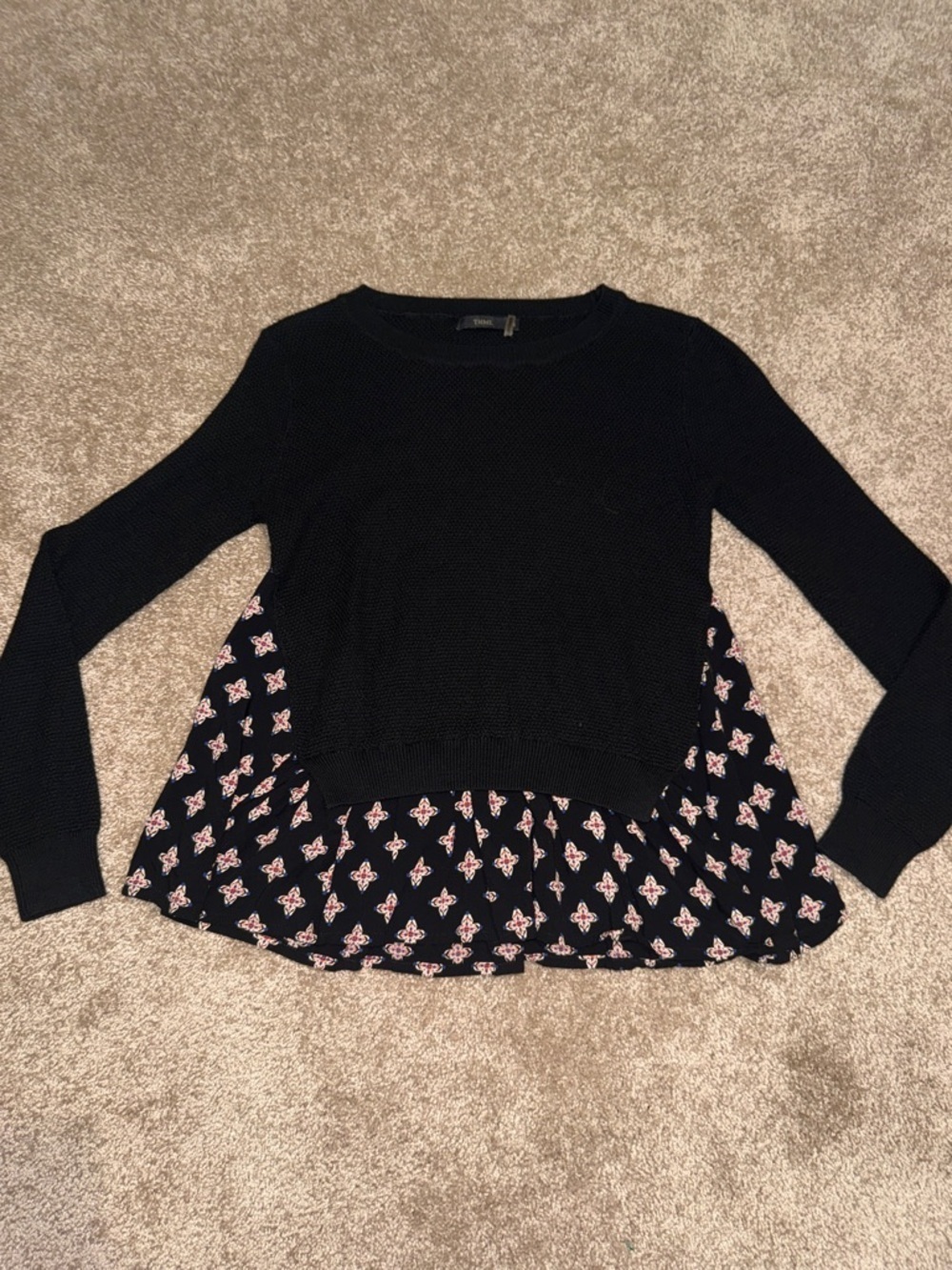 THML Black Waffle Knit Sweater with Printed Faux Layer - small. B7